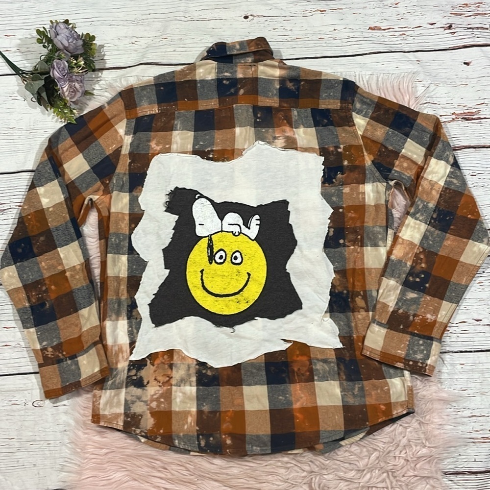 Two Gypsea Souls Peanuts Graphic Snoopy Tie Dye Flannel Button Down Top
